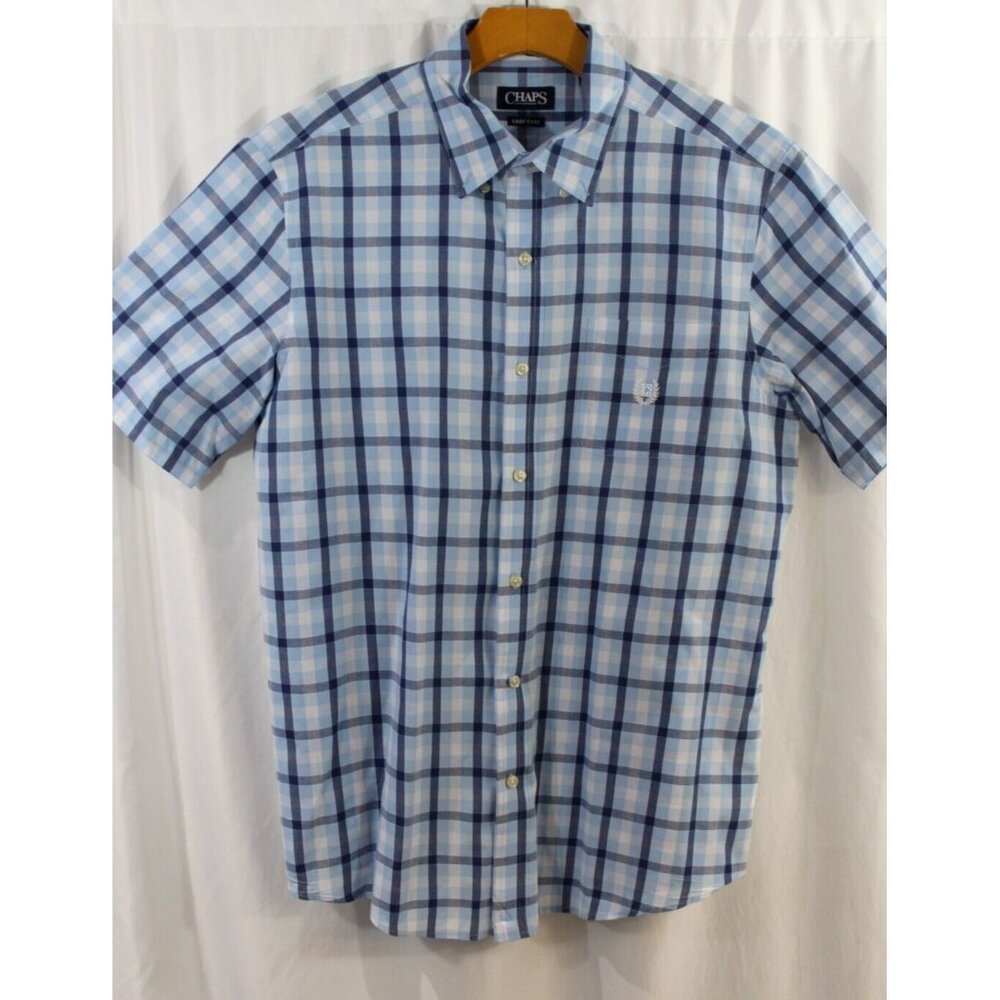 Chaps Mens Blue White Check Easy Care Short Sleeve Button‎ Down Shirt L